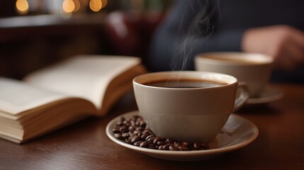 A steaming cup of coffee sits beside an open book and coffee beans on a wooden table suggesting a peaceful reading session