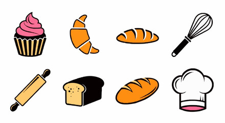 Line art illustration of baking elements: cupcake, croissant, bread loaf, whisk, rolling pin, sliced bread, baguette, and chef's hat.
