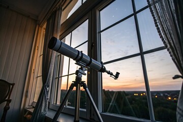 Telescope by a window at twilight for telescoping the outer world