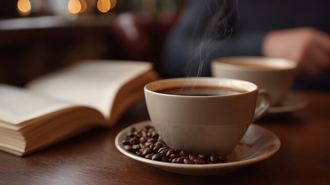 A steaming cup of coffee sits beside an open book and coffee beans on a wooden table suggesting a peaceful reading session