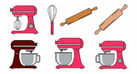 Illustration showing various kitchen baking tools including stand mixers, whisks, and rolling pins in different colors and styles.