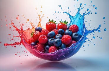 Red and blue liquid splashes surround bowl of fresh strawberries, blueberries, and raspberries. Berries fall, creating dynamic motion and vibrant colors in water.
