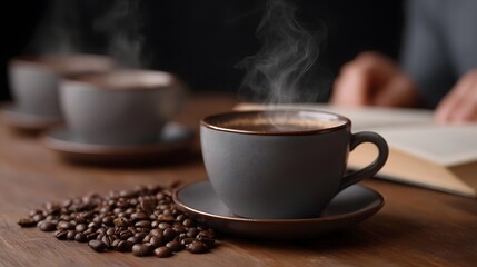 A steaming cup of coffee sits on a saucer next to coffee beans with a person reading a book in the background