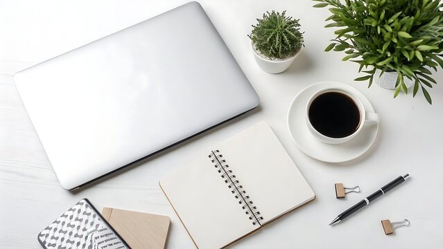Flat lay of minimal tidy desk with laptop, coffee mug, open notebook, potted plant and fallen,interior, kitchen, room, home, design, table, furniture, bathroom, house, indoor, architecture, contempora - Powered by Adobe