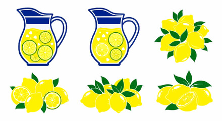 A set of illustrations featuring pitchers of fresh lemonade and bunches of ripe yellow lemons with green leaves.