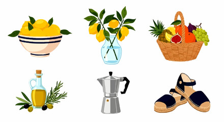 Various illustrations of Mediterranean summer essentials, featuring bowls of lemons, a fruit basket, olive oil, a coffee maker, and espadrille shoes on a white background.