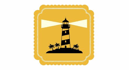 Silhouette of a lighthouse emitting light beams, situated on an island with palm trees, all within a decorative yellow frame.