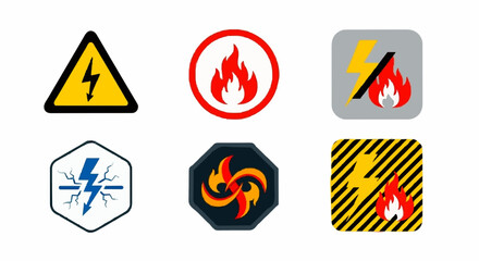 Collection of six different warning symbols depicting electricity, fire, and hazards.
