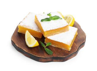 Tasty lemon bars with powdered sugar and mint isolated on white