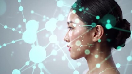 Woman with digital network illustration, profile view, on light background, for technology, science - Powered by Adobe