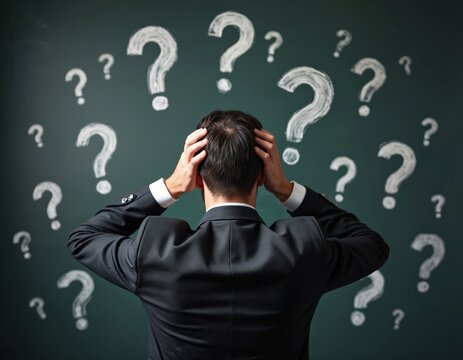 Man in suit stands with hands on head before blackboard filled with chalk question marks. He looks confused, facing problem, needs solution or new idea. Doubt and uncertainty.