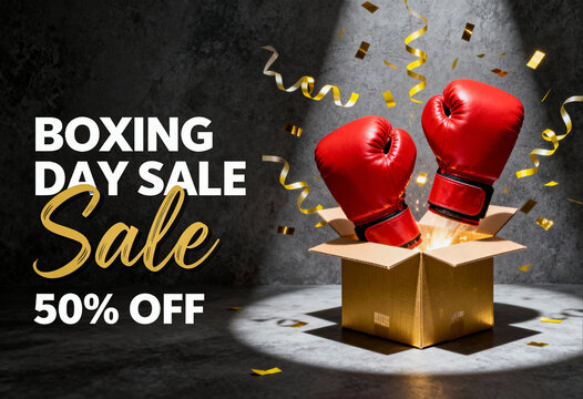 Boxing day sale promotion poster with red boxing gloves emerging from gift box and gold confetti streamers