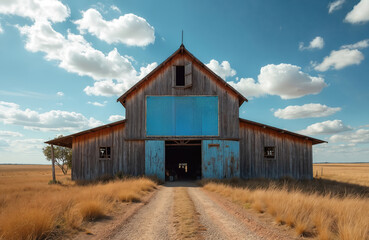 Obraz premium Rustic weathered barn sits on dry grassy plain under blue sky with white clouds. Dirt road leads to open barn doors revealing dark interior. Structure weathered wood siding, bright blue painted