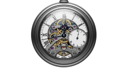 Close-up of antique pocket watch mechanism with Roman numerals and sub-dial on black background Keywords: pocket watch, antique, vintage, timepiece, clock