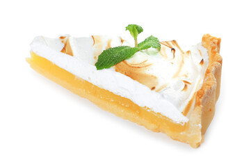 Slice of tasty lemon meringue tart with mint isolated on white