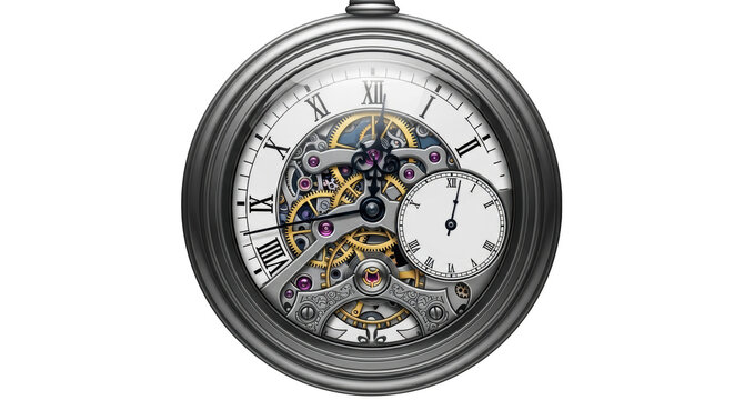 Close-up of antique pocket watch mechanism with Roman numerals and sub-dial on black background Keywords: pocket watch, antique, vintage, timepiece, clock