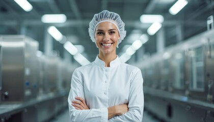 Woman factory manager smiles wearing sterile uniform and hair net. She stands with arms crossed in clean production line area. Confident leader in manufacturing industry.