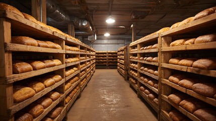 Fototapeta premium Abundance of freshly baked artisan bread loaves stacked on rustic wooden shelves in a vintage bakery