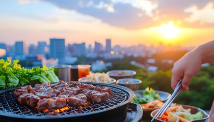 Rooftop Korean BBQ at Sunset: Grilling Meat with City View