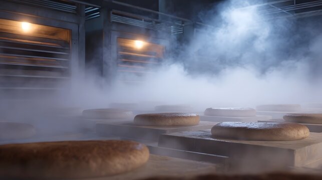 Industrial bakery process round bread loaves resting on trays in dense steam with ovens glowing in background - Powered by Adobe