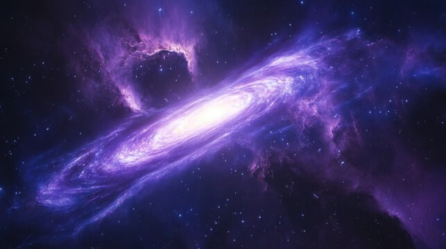 bright galaxy core with swirling star clusters, deep space background in purple and blue