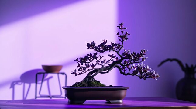 Indoor bonsai pruning moment in calm minimal aesthetic with natural light