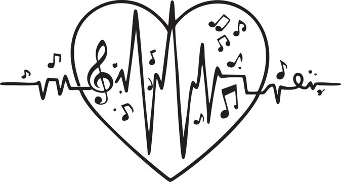 Music Heartbeat EKG Vector Illustration. Black and White Musical Notes, Treble Clef, and Rhythm Line Art Graphic.