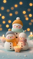 Three adorable snowmen dressed in colorful hats and scarves, surrounded by soft glowing candles and a wintry background, perfect for holiday themes.