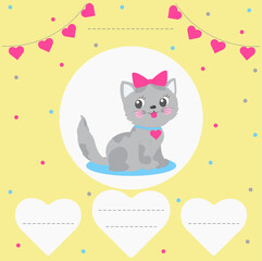 Template, sample, invitation with cute cat, hearts, bow, text field, girl's birthday, baby, party