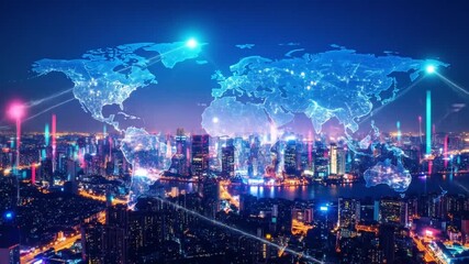 A city skyline beneath a digital world map, connected by lines and featuring data visualizations - Powered by Adobe