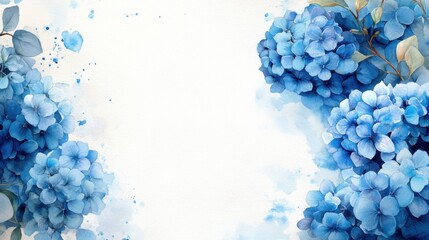 blue hydrangea floral corner frame in soft watercolor, light background with empty white space, delicate pastel tones