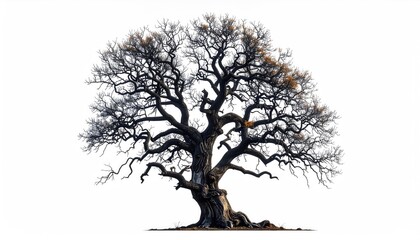 Solitary, gnarled tree; some autumn leaves remain