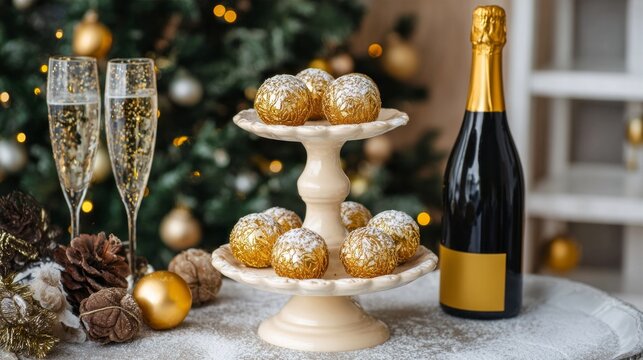A beautifully arranged cake stand features three tiers of golden treats, surrounded by sparkling glasses of champagne and festive decorations. The warm ambiance hints at a joyful celebration