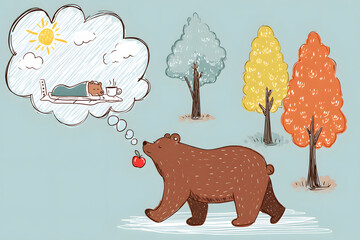 Cute illustration of a bear dreaming about hibernation in an autumn forest