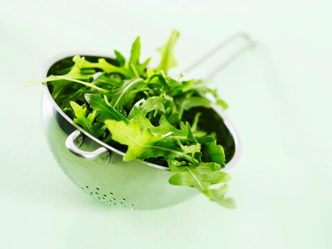 Fresh arugula leaves in colander ready for salad preparation