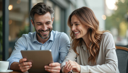Man and woman smile at tablet computer in cafe. Colleagues discuss project on device while having coffee together. Professionals collaborate, share ideas, plan work.