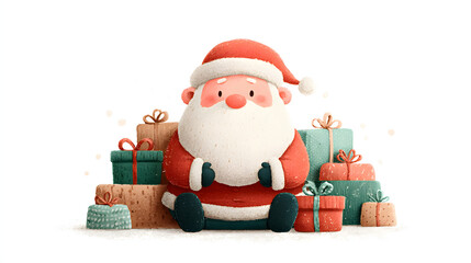 Cute Santa illustration surrounded by gifts in a warm holiday scene
