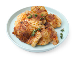 Tasty roasted chicken thighs with thyme isolated on white