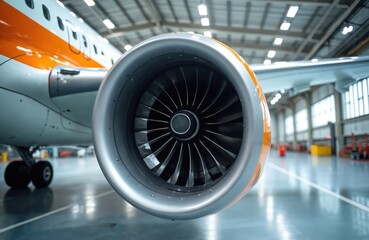 Close up of jet engine fan blades inside aircraft maintenance hangar. Airplane on inspection and repair work on its complex power plant. Detailed view of modern aerospace tech.