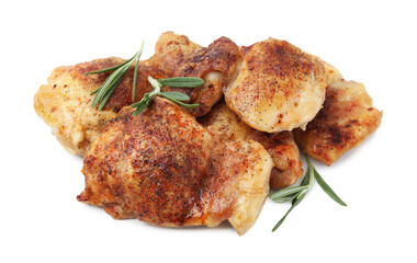 Tasty roasted chicken thighs with rosemary isolated on white