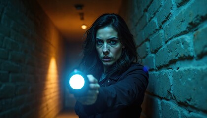 Female cop searches dark brick corridor with bright flashlight. Policewoman looks intently forward. Woman is on crime scene investigation, checking clues in dim light.