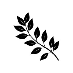 Branch with leaves in black and white on transparent background silhouette