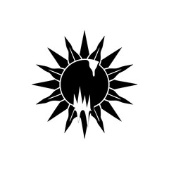 Black sun with jagged edges and drips on transparent background silhouette