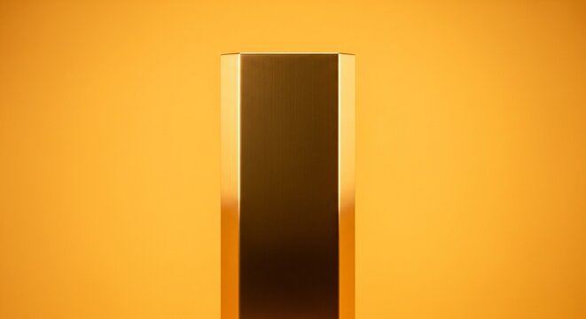 A sleek, vertical golden bar with polished, reflective edges stands against a vibrant orange and yellow gradient background. - Powered by Adobe