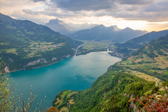 Scenic view of Lake Walen and Rautispitz from Chapf viewpoint in Amden Switzerland