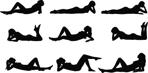 Set of nine black silhouettes featuring women lying down in various poses like relaxing sunbathing and exercising isolated on white background for vector art design