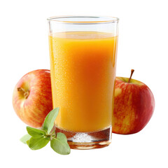 Fototapeta premium Glass of Fresh Apple Juice with Two Apples and Green Leaves on Black Background drink beverage