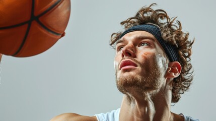 athlete with headband shooting a clean three-pointer, white isolated background