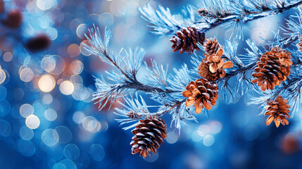 Sparkling icy blue scenery features pine branches and cones, creating a whimsical atmosphere ideal for Christmas or New Year's celebrations and marketing uses