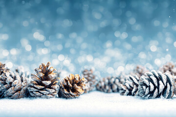 A captivating winter scene showcases pine cones scattered on soft snow, surrounded by blurred lights and a tranquil blue backdrop, creating a perfect holiday atmosphere